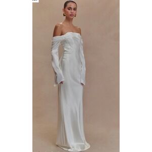 Meshki Off-the-Shoulder Maxi Dress Womens Small White Excellent Satin Gown